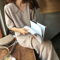 Even clothes v collar short sleeve sweater dress woman long style with knee easy winter knit bottom dress with big coat thickened wool