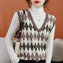 Rhombus Pure Cotton V Collar Waistcoat Waistcoat Female Knit Academy Wind 100 lap short Shoulder Loose stack wearing outside sweater
