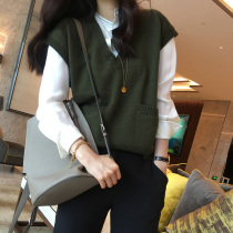 Autumn and winter knitted vest womens vest sweater wear wool Net red Korean trend horse clip outside short waistcoat V