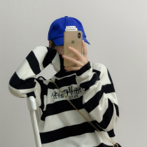 Star same black and white striped wool sweater women loose wear lazy wind strapless long sweater bottom