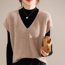 Stacked V-neck wool vest knitted women loose lazy wind outside Spring and Autumn Sweater pullover sleeveless crotch