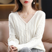 White V-neck early autumn twist wool knitted cardigan womens spring and autumn outer coat cashmere long sleeve Korean sweater tide