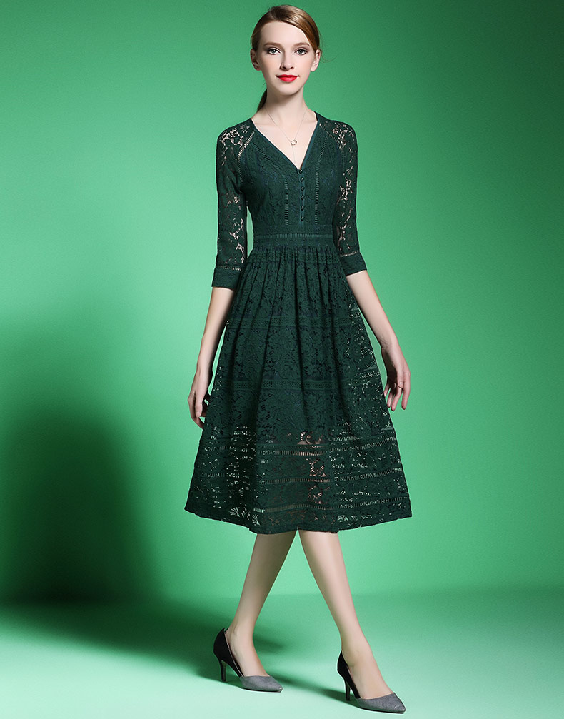 onebuye2017蕾丝连衣裙春装新款高腰中长款性感镂空女装七分袖a型