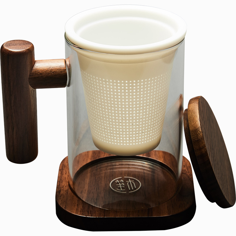 RongShan hall make tea tea glass ceramic separation tank filter with cover keller cup office wood handle