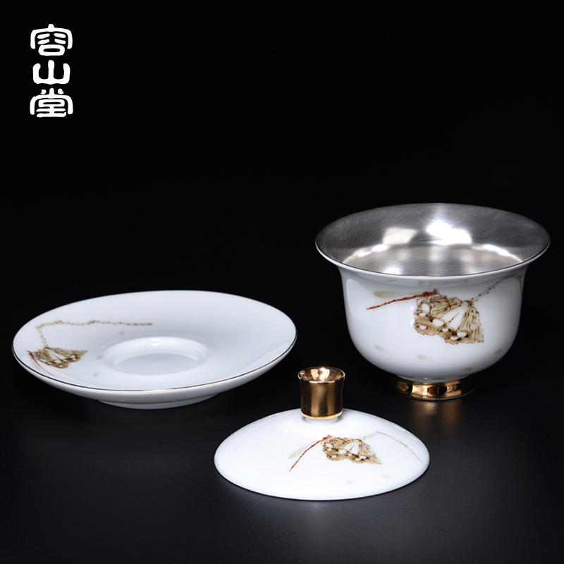RongShan hall gode tasted silver gilding suet jade porcelain tureen ceramic blue large three bowl kung fu tea set