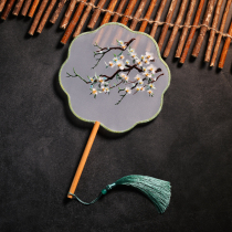 Elegant white plum embroidery double-sided Group fan long handle Su embroidery Hanfu Cheongsam fan photo with props to give gifts