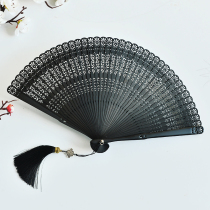 Classical whole bamboo hollow small folding fan Japanese style Chinese fan ancient style male female folding fan handmade dance fan Black