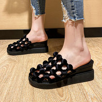 Thick bottom half-wrapped head slippers female summer outwear inner heightening 8cm black slopes heel fairy wind cool drag 32 small code 33