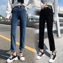 Real shot early autumn trousers drawstring elastic high waist nine-point small straight jeans female slim black thin pipe pants