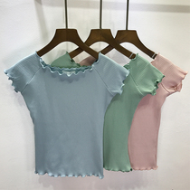 Slim wooden ear collar short base shirt female wild cotton short sleeve solid color strapless T-shirt shirt top thin