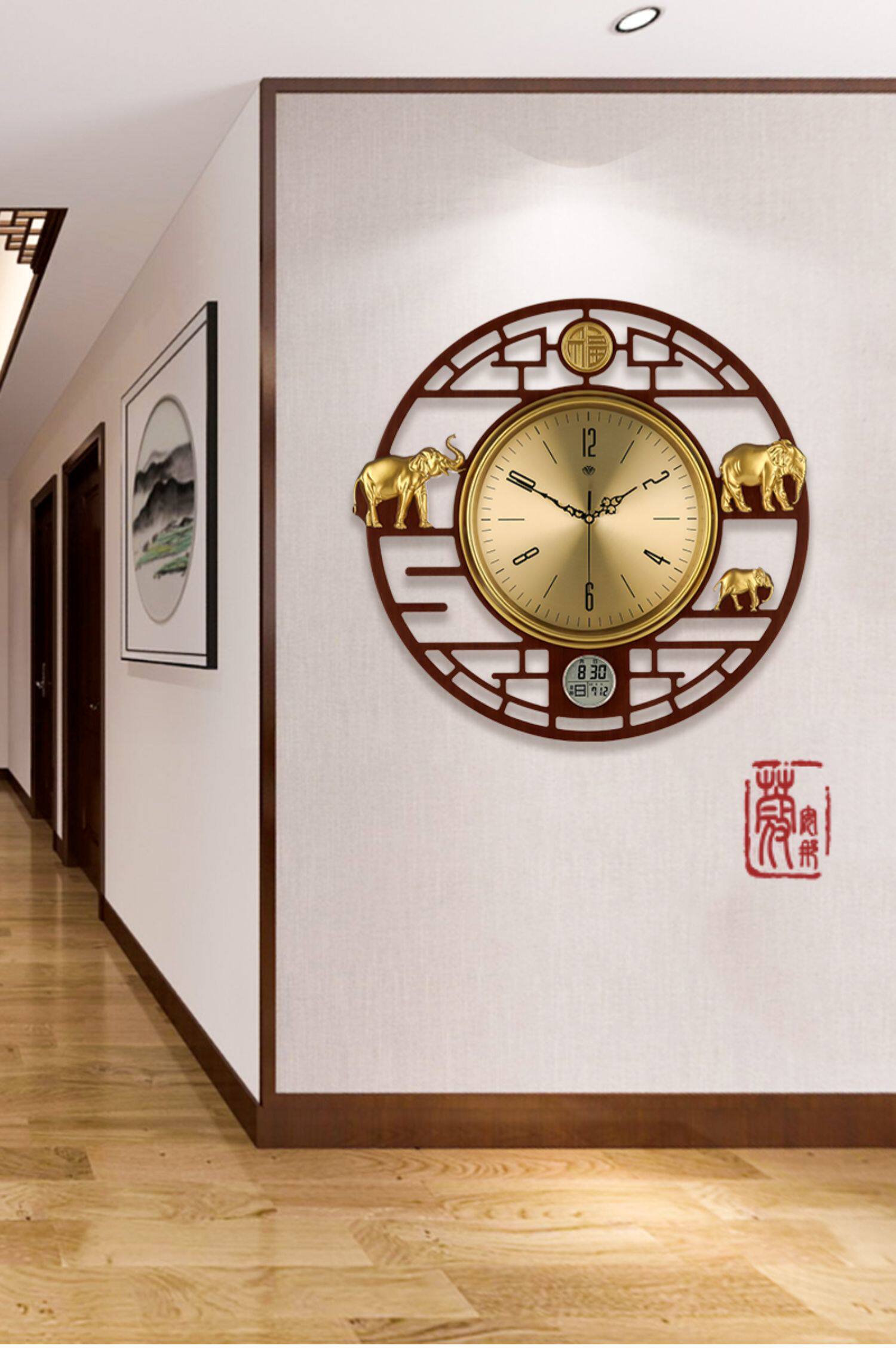 新中式挂钟家用风创意时钟表客厅装饰大气简约木制静音石英钟