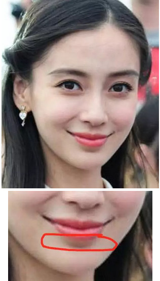 因为大家都知道angelababy的下嘴唇比较厚,在她出道的时候是这样的.