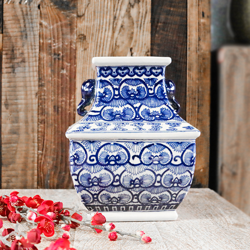 Jingdezhen square blue and white porcelain flower arranging flower implement new Chinese style classical Ming and the qing dynasties home decoration desktop furnishing articles