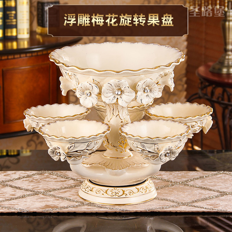 Ou compote ceramic fruit bowl sitting room place can rotate dry fruit bowl, multi - function double large candy dishes