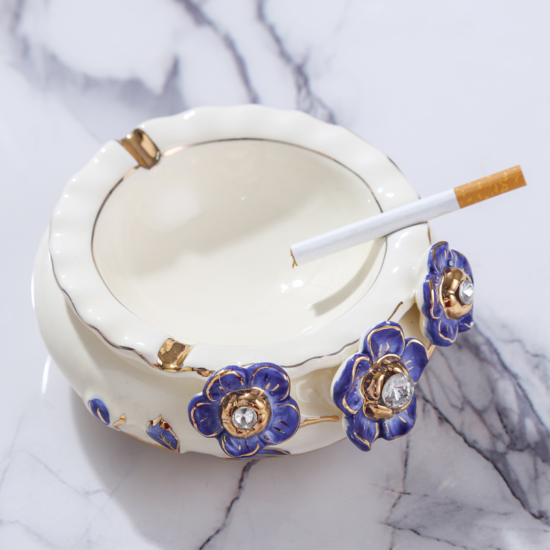 European new royal blue name plum flower series European ceramic ashtray sitting room adornment bedroom with cover the ashtray furnishing articles