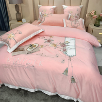 Upscale European-style embroidered pure cotton four pieces of full cotton linen true silk quilt cover 1 8m bed hat wedding bed Bedding Summer