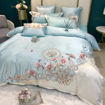 Upscale European-style full cotton four sets of field wind embroidery Cubic flowers genuine silk quilt cover pure cotton bed linen wedding bed