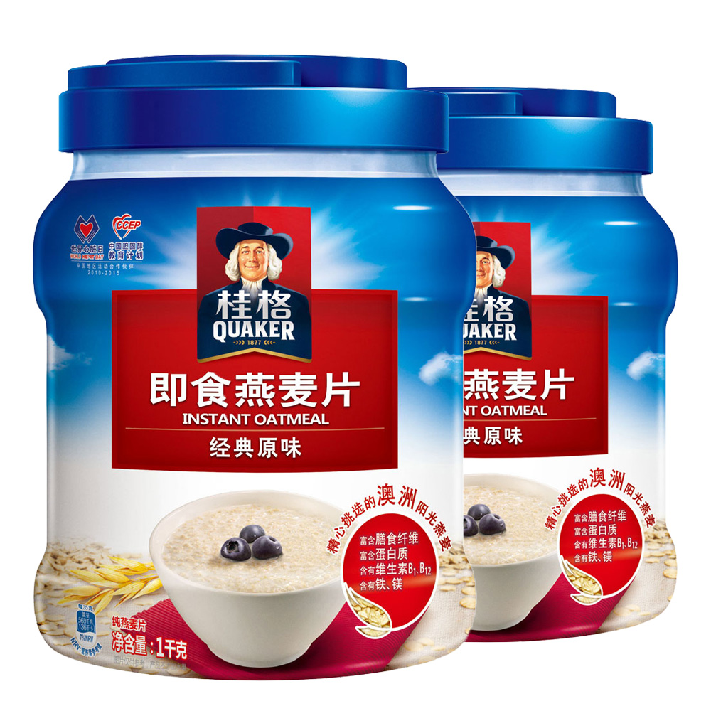 quaker/桂格即食燕麦片1000g*2桶装 经典原味谷物早餐营养纯麦片