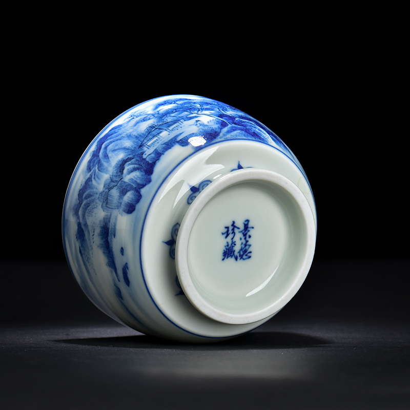Blue and white archaize ceramic cups imitation wood under a single glaze color hand - made home use large kung fu masters cup by hand
