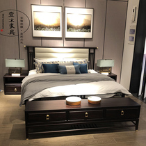 New Chinese Cloth Art Solid Wood Bed Modern Brief About 1 8 m Bed Zen solid wood bed Villa Hotel Clubhouse Double Bed