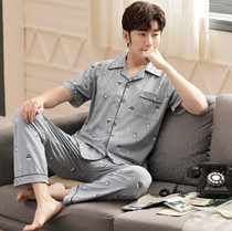 Pajama man summer pure cotton short-sleeved trousers fattening extra large size 200 pounds middle-aged loose home clothing suit 240 pounds