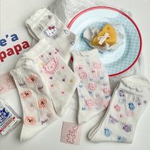 Bear socks womens tube socks ins tide summer thin Japanese cute Lolita white jk mesh pile socks