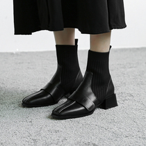 2020 Martin boots women autumn and winter New Tide ins thin boots stretch boots womens short boots thick heel small square head socks boots