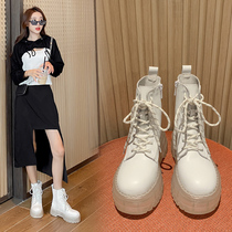 Cowhide boots female Korean version 2020 autumn and winter New lace thick-soled Net Red Martin boots beige white short thin boots