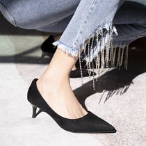 2021 spring womens single shoes Net red sexy heel pointed suede shallow girl single shoes black Joker high heels