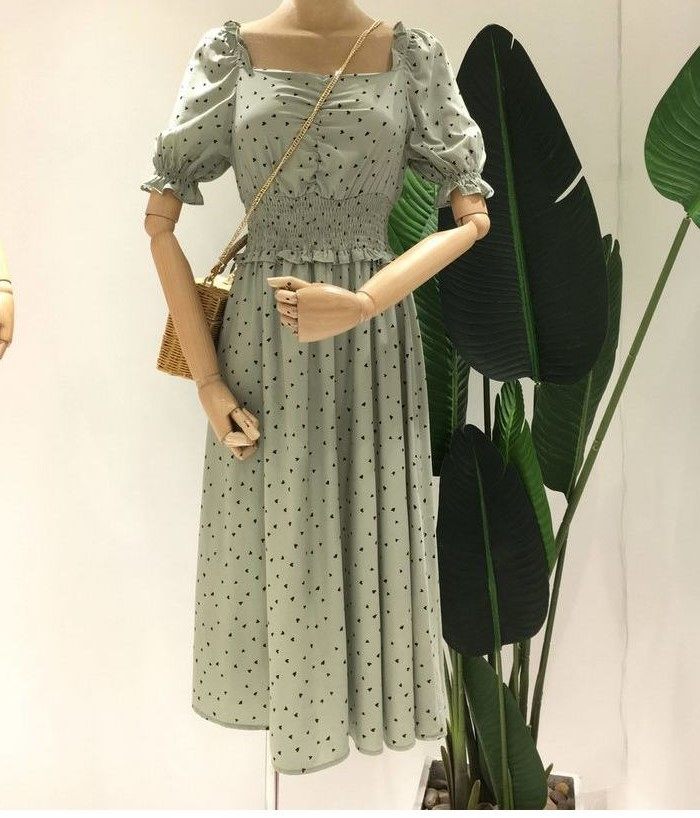 韩国蕾妮renee波点圆点仙女甜美法式泡泡袖收腰连衣裙长裙子