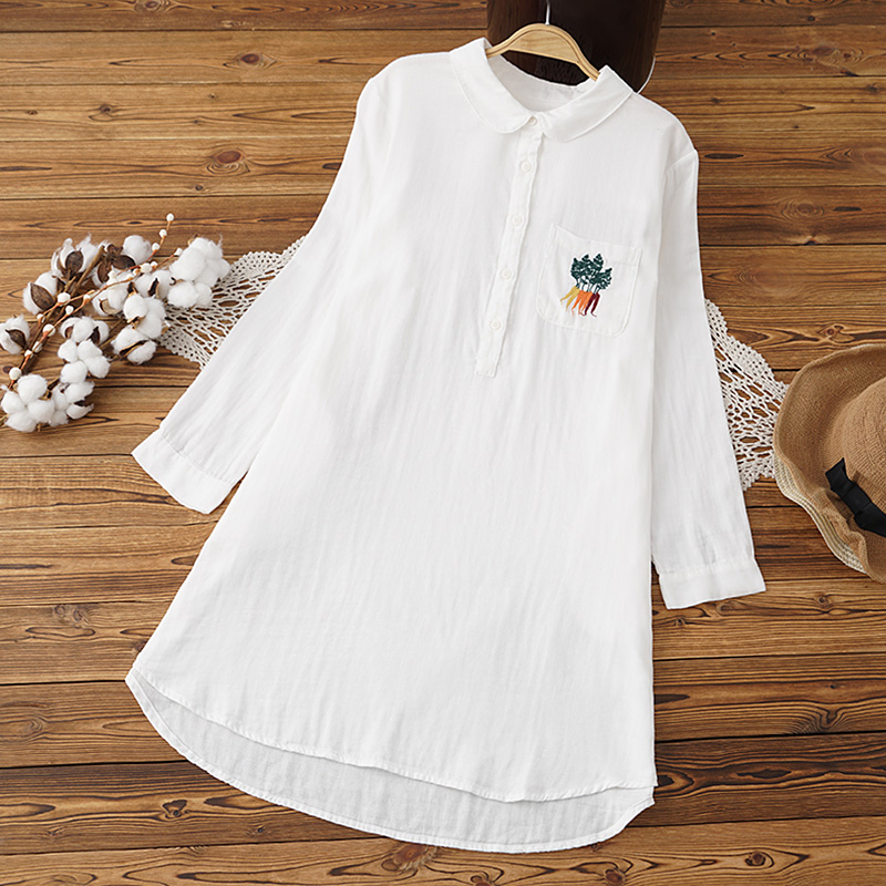 Gauze maternity dress healthy cotton spring and autumn new mid-length shirt skirt literary loose embroidery pocket shirt