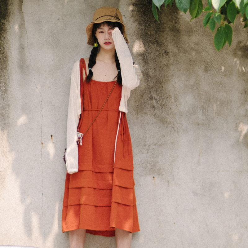 Summer vintage sleeveless dress Solid color take street pat Sen department holiday skirt Temperament fairy skirt