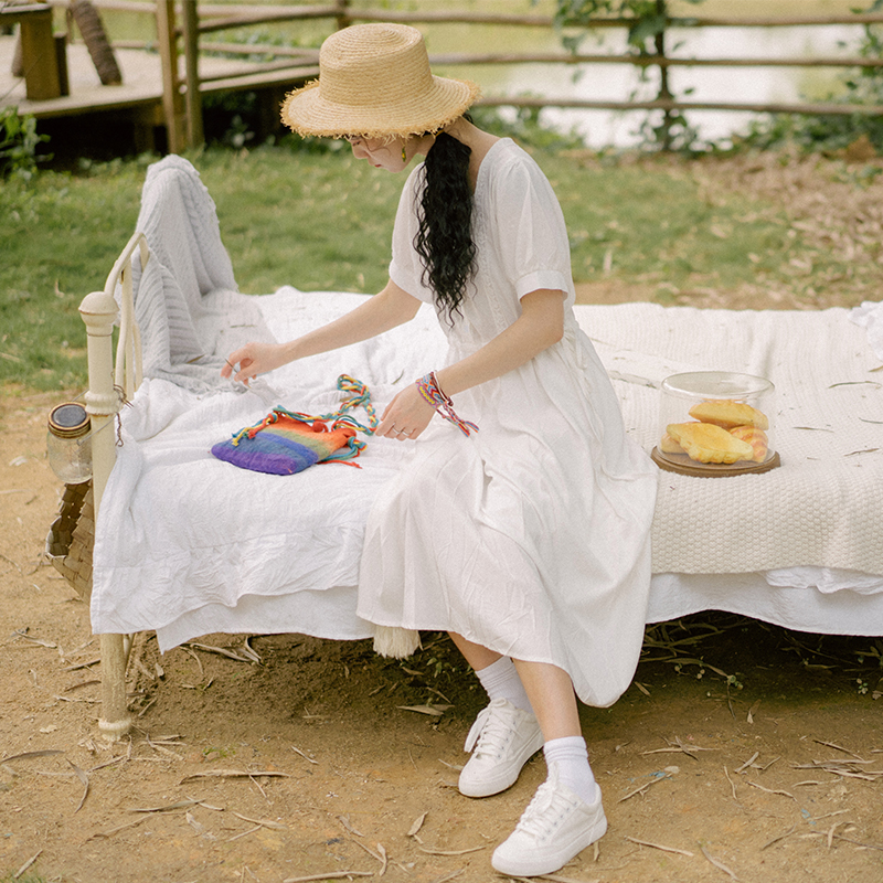 Literary little white dress super fairy little dress French mid-length dress First love skirt Sweet long dress Mori summer