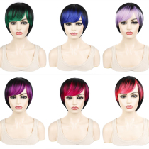 Prom nightclub color pick-up wig set Short hair female full headgear shape oblique bangs straight hair gradient color short hair set