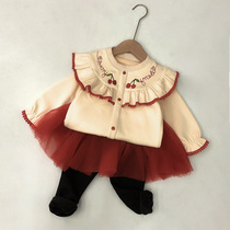 2021 autumn and winter Korean little girl with cashmere skirt suit children ruffle Cherry embroidery skirt pants two-piece set