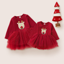 2021 female treasure autumn and winter cotton dress embroidery Christmas elk little girl dress Princess yarn dress sisters