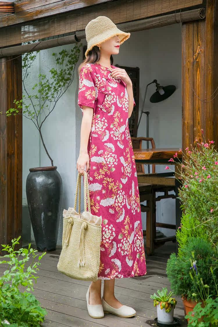 民族风苎麻连衣裙夏圆领斜襟盘扣短袖40-60岁中老年复古改良旗袍m