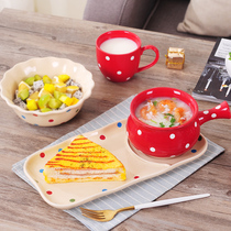 Creative Net red wave spot breakfast plate rectangular ceramic Japanese handle Rice Bowl tableware household one person food Nordic