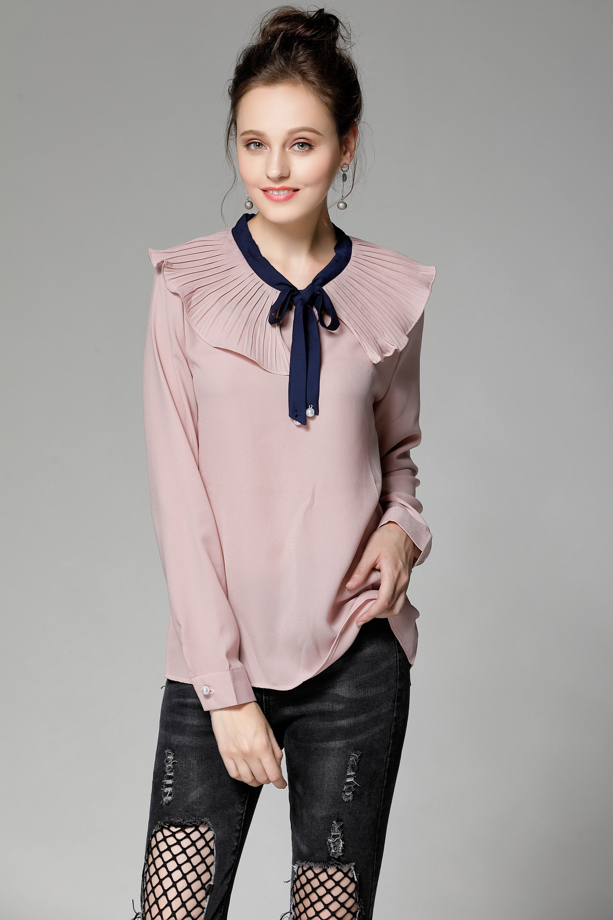 实拍2017秋装新款女装 荷叶领系带长袖雪纺衫衬衫秋女上衣