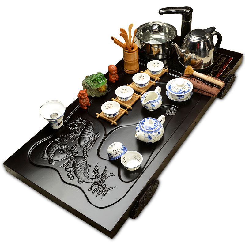 Hui ru up make crack kung fu tea set a complete set of ceramic ice induction cooker block solid wood tea tray is home