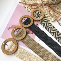 Belted womens dress waist decoration retro dress with skirt wide hemp color simple versatile elastic tightness