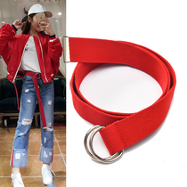 Canvas belt female Harajuku bf style decorative double ring buckle woven wide tide simple Joker Korean dress belt men