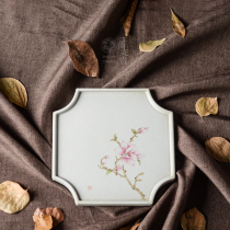 Jingdezhen hand-painted ceramic pot Chen trumpet tea ceremony snack plate square literary simple flower butterfly peony plate