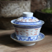 Jingdezhen 80 s old factory goods hand-painted blue and white Linglong Cup plus color nostalgic tea cup three Cai bowl old bowl