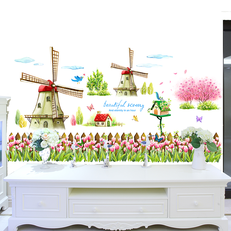 墙贴纸贴画荷兰风车郁金香花卉艺术唯美创意客厅儿童房间墙壁装饰产品展示图4