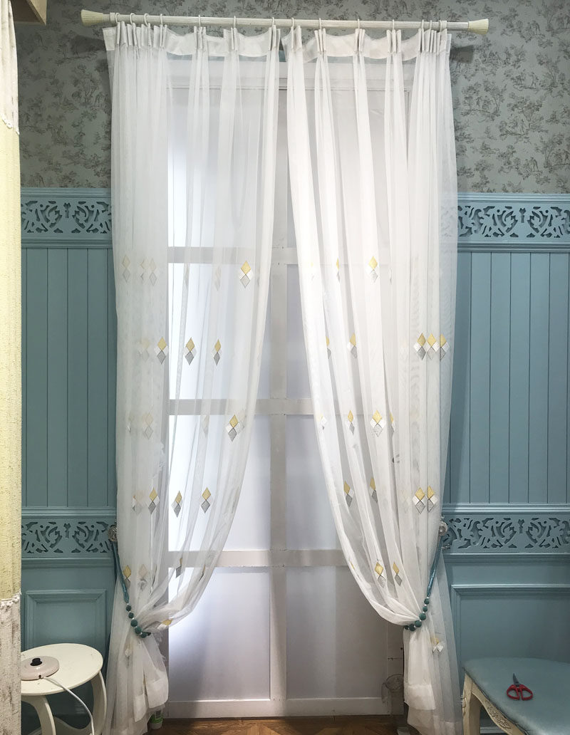 成品窗帘纱帘隔断帘绣花窗纱窗帘内搭配纱菱形简约现代