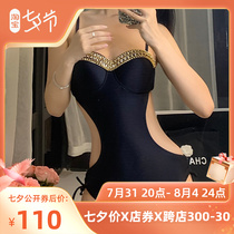 Seducal steel Toyo to gather sexy veil waist hollowed-out black dew back lacing swimsuit female summer conjoined Sanya