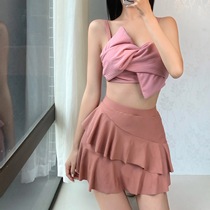 Retro pink bow tie with steel support gathered thin cover pregnancy Accessory breast high waist flat angle split swimsuit women Summer