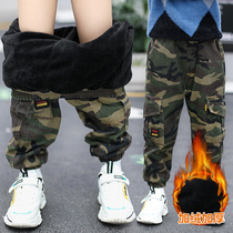 Boy 2020 new autumn and winter trousers in big children plus velvet padded casual pants childrens foreign style camouflage overalls pants