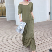 European and American sexy solid color T-shirt skirt big wide collar off-shoulder dress extended extra long skirt lazy long dress